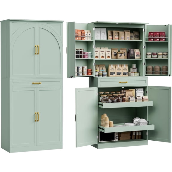 71’’ Tall Kitchen Pantry Cabinet, Pantry Storage Cabinet with 6 Doors Shelves, Large Drawer & 2 Pull Out Shelves, Freestanding Cupboard for Kitchen, Dining Room,