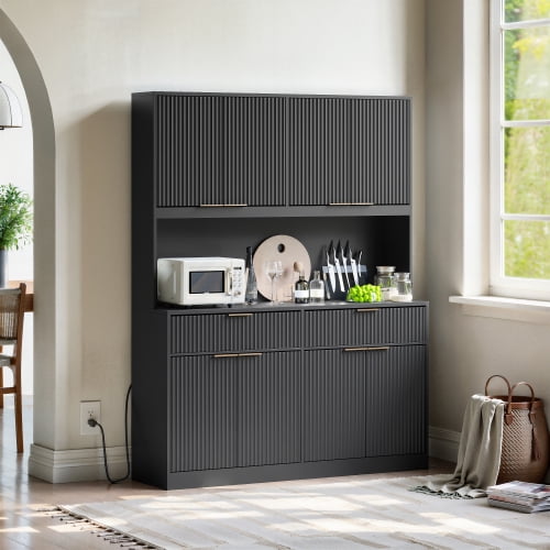 71" Tall Kitchen Pantry Cabinet with Power Outlet and Open Countertop, Modern Multi-Functional Storage Hutch Cabinet for Dining Room, Entryway and Living Room, Black