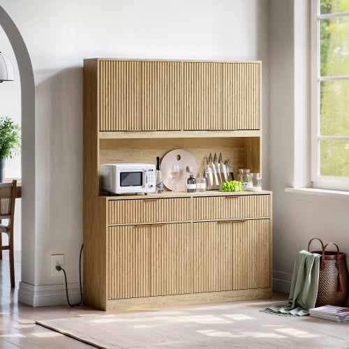 71" Tall Kitchen Pantry Cabinet with Power Outlet and Open Countertop, Modern Multi-Functional Storage Hutch Cabinet for Dining Room, Entryway and Living Room, Natural