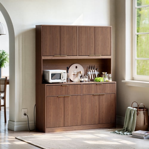 71" Tall Kitchen Pantry Cabinet with Power Outlet and Open Countertop, Modern Multi-Functional Storage Hutch Cabinet for Dining Room, Entryway and Living Room, Walnut