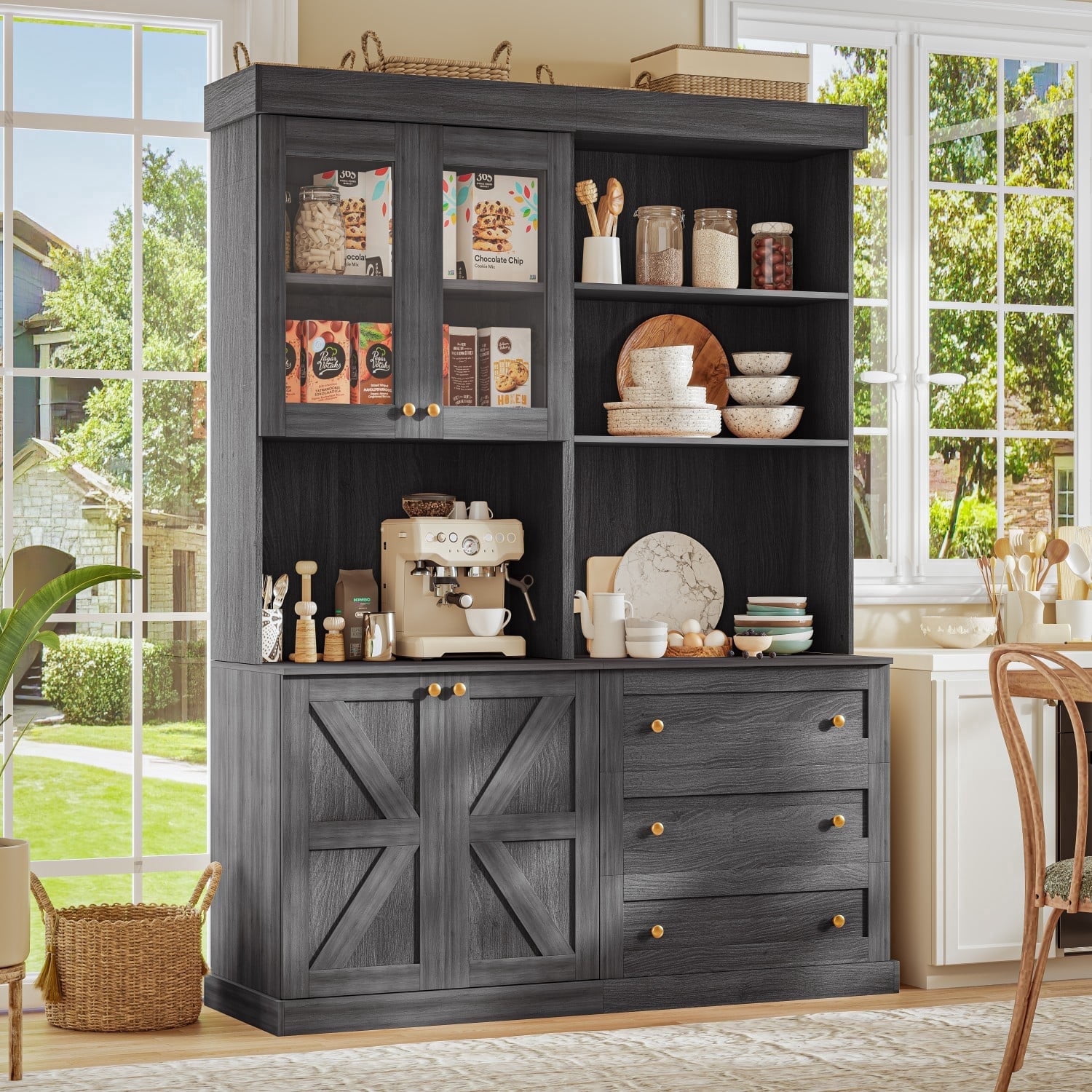 71" Tall Kitchen Pantry Cabinet Set of 2 With Adjustable Shelve,Coffee Bar Hutch with Microwave Stand for Dining Room,Living Room,Black