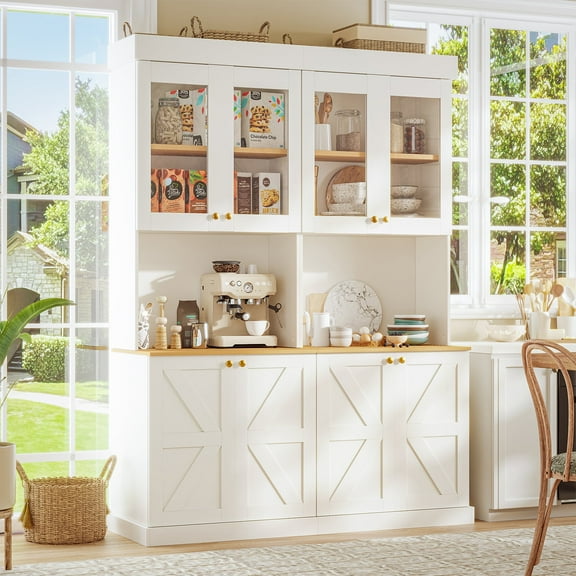 71" Tall Kitchen Pantry Cabinet Set of 2 With Adjustable Shelve,Coffee Bar Hutch with Microwave Stand for Dining Room,Living Room,White