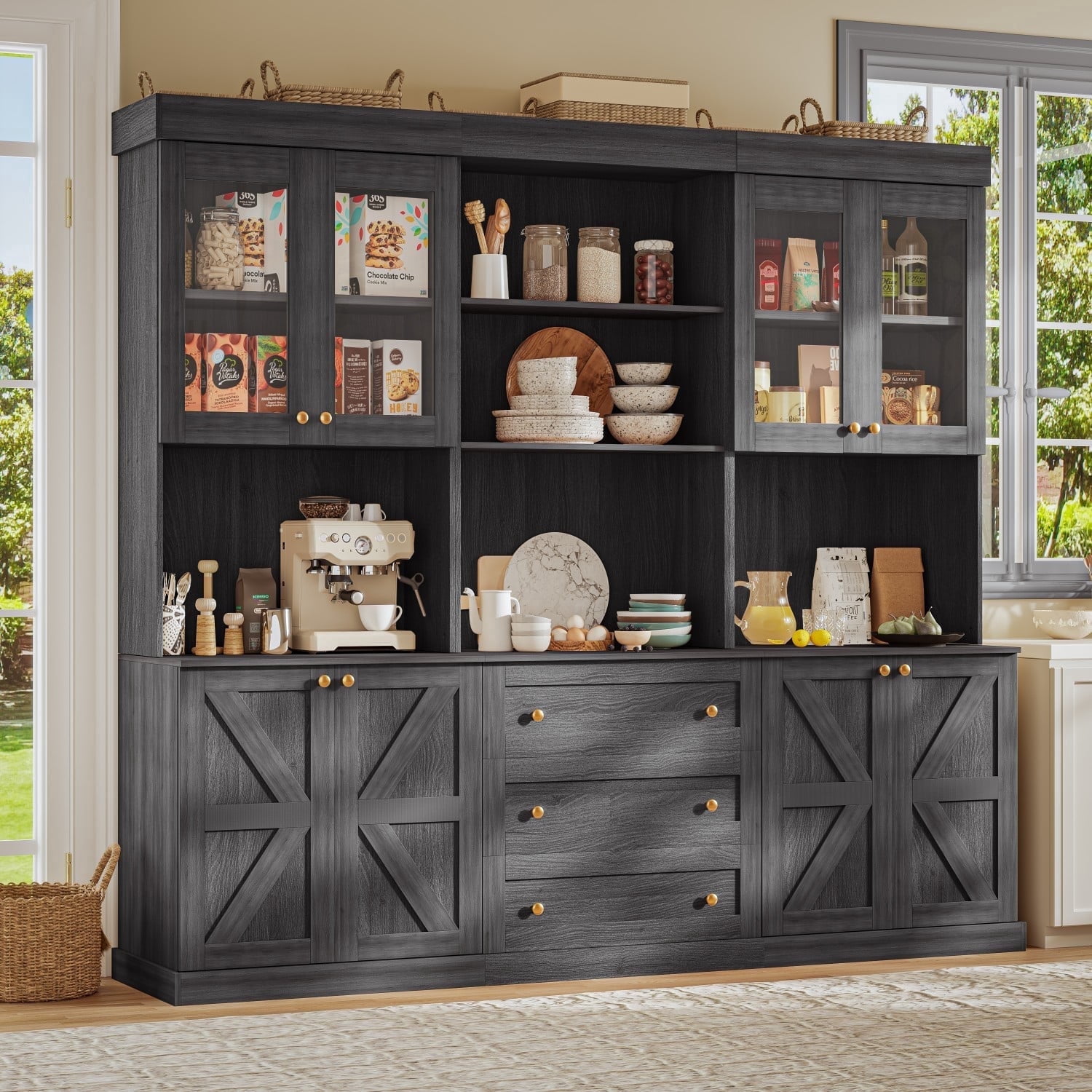 71" Tall Kitchen Pantry Cabinet Set of 3 With Adjustable Shelve,Coffee Bar Hutch with Microwave Stand for Dining Room,Living Room,Black