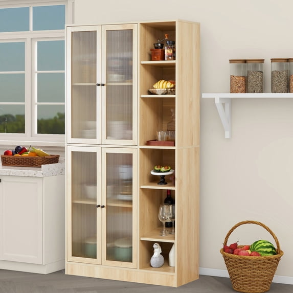 71" Tall Kitchen Pantry Cabinet, Storage Cabinet with 4 Glass Doors and Adjustable Shelves, Freestanding Utility Sideboard Buffet Cabinet for Kitchen Dining Room Living Room, Natural