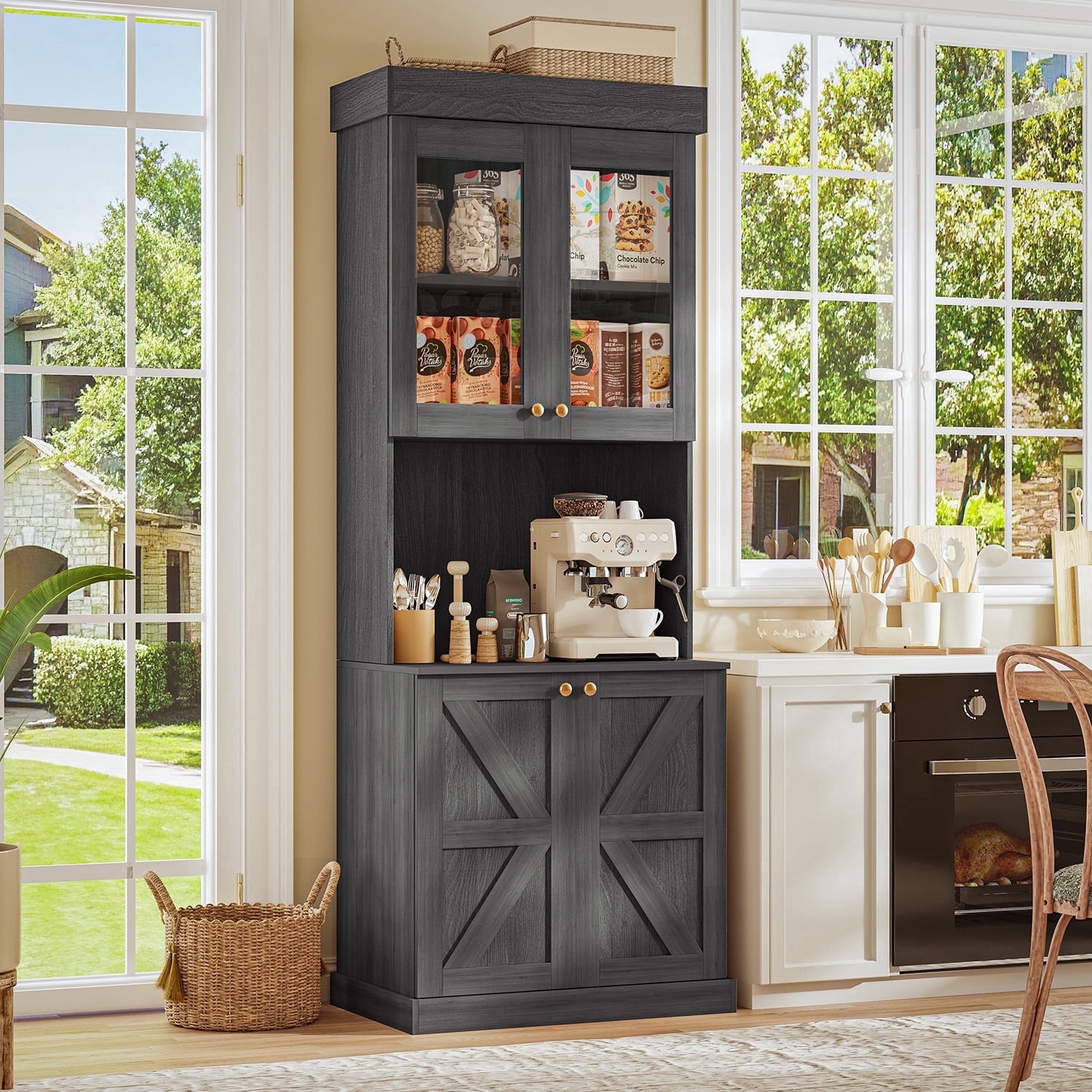 71" Tall Kitchen Pantry Cabinet With Door and Adjustable Shelve,Coffee Bar Hutch with Microwave Stand for Dining Room,Living Room,Black