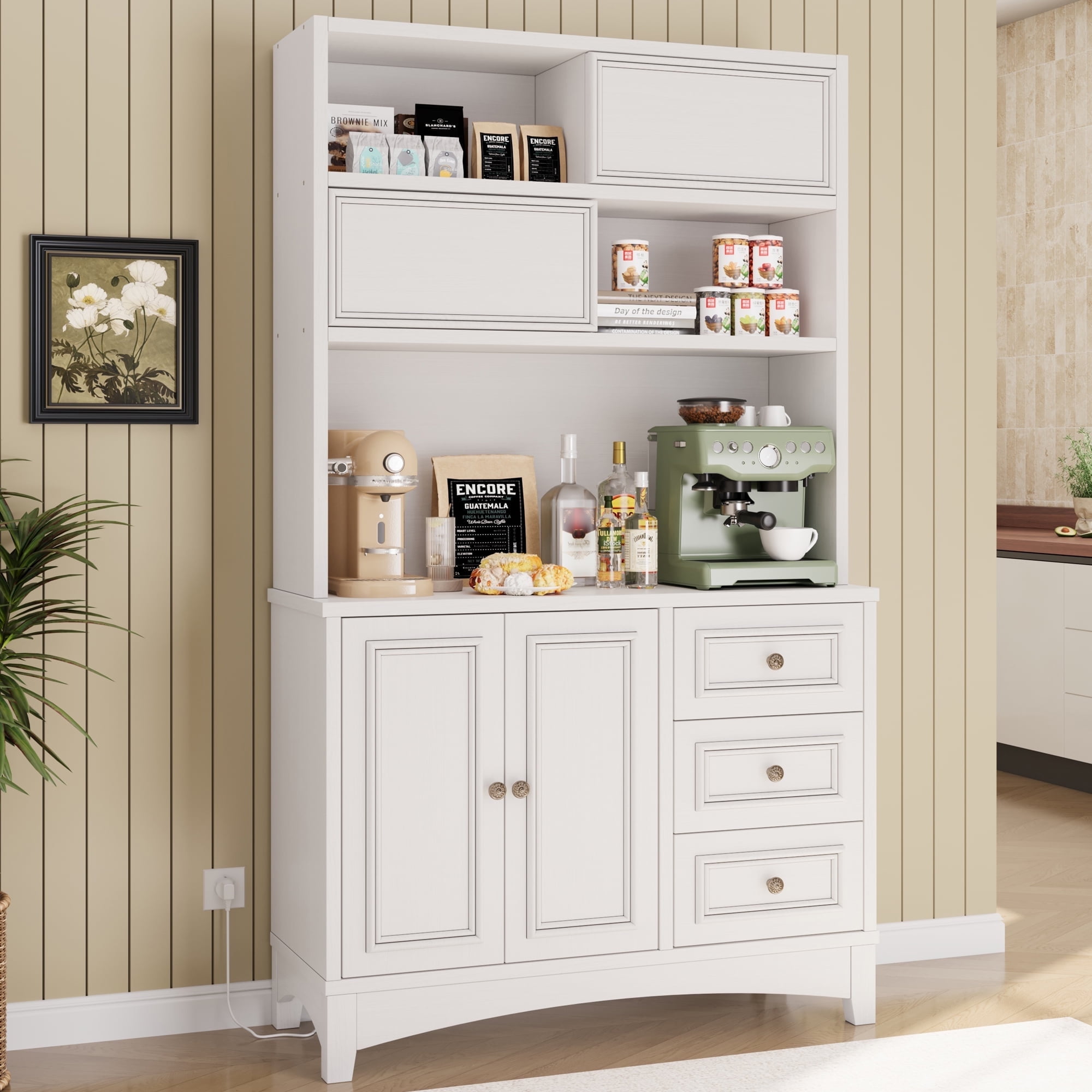 71" Tall Kitchen Pantry Cabinet with Charging Station, Large Food Pantry Storage Cabinet with Microwave Stand for Dining Room, White