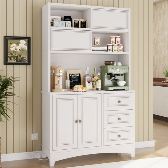 71" Tall Kitchen Pantry Cabinet with Charging Station, Large Food Pantry Storage Cabinet with Microwave Stand for Dining Room, White