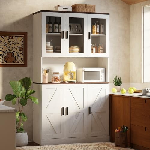 71" Tall Kitchen Pantry Cabinet with Microwave Shelf, White Hutch Cabinet with Storage Power Outlet, Food Pantry for Kitchen Dining Room$$Furniture