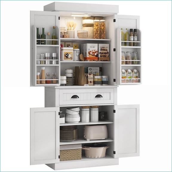 71'' Tall Kitchen Pantry Cabinet with Motion Sensor LED Light, Drawer & Shelves, White | Painted MDF | Anti-Tip Kit