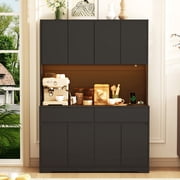 71 Tall Kitchen Pantry with LED Light & Charging Station, 8 Door Kitchen Cupboard with Large Storage and Microwave Stand, Freestanding Hutch Cabinet for Dining Living Room