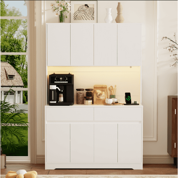 71" Tall Kitchen Pantry with LED Light & Charging Station, 8 Door Kitchen Cupboard with Large Storage and Microwave Stand, Freestanding Hutch Cabinet for Dining Living Room