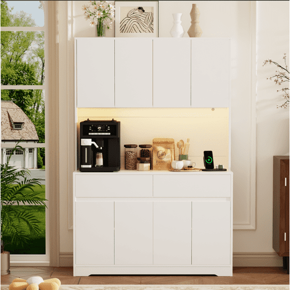 71" Tall Kitchen Pantry with LED Light & Charging Station, 8 Door Kitchen Cupboard with Large Storage and Microwave Stand, Freestanding Hutch Cabinet for Dining Living Room