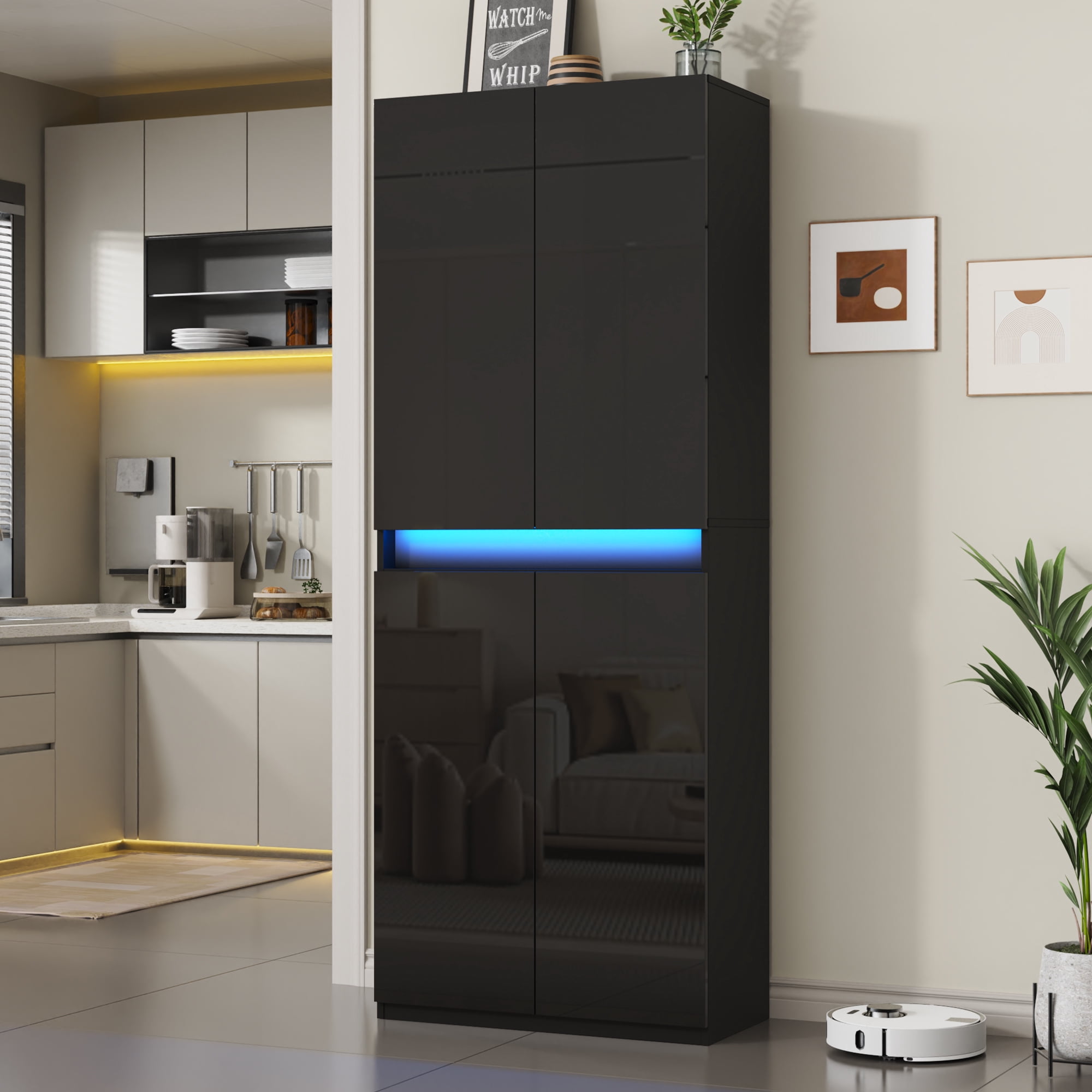 71" Tall Kitchen Pantry, Pantry Storage Cabinet with High Gloss Doors, Modern Buffet Hutch Cabinet with Led Light and Adjustable Shelves for Dining Room, Living Room, Black