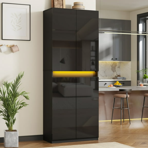 71" Tall Kitchen Pantry, Pantry Storage Cabinet with High Gloss Doors, Modern Buffet Hutch Cabinet with Led Light and Adjustable Shelves for Dining Room, Living Room, Black