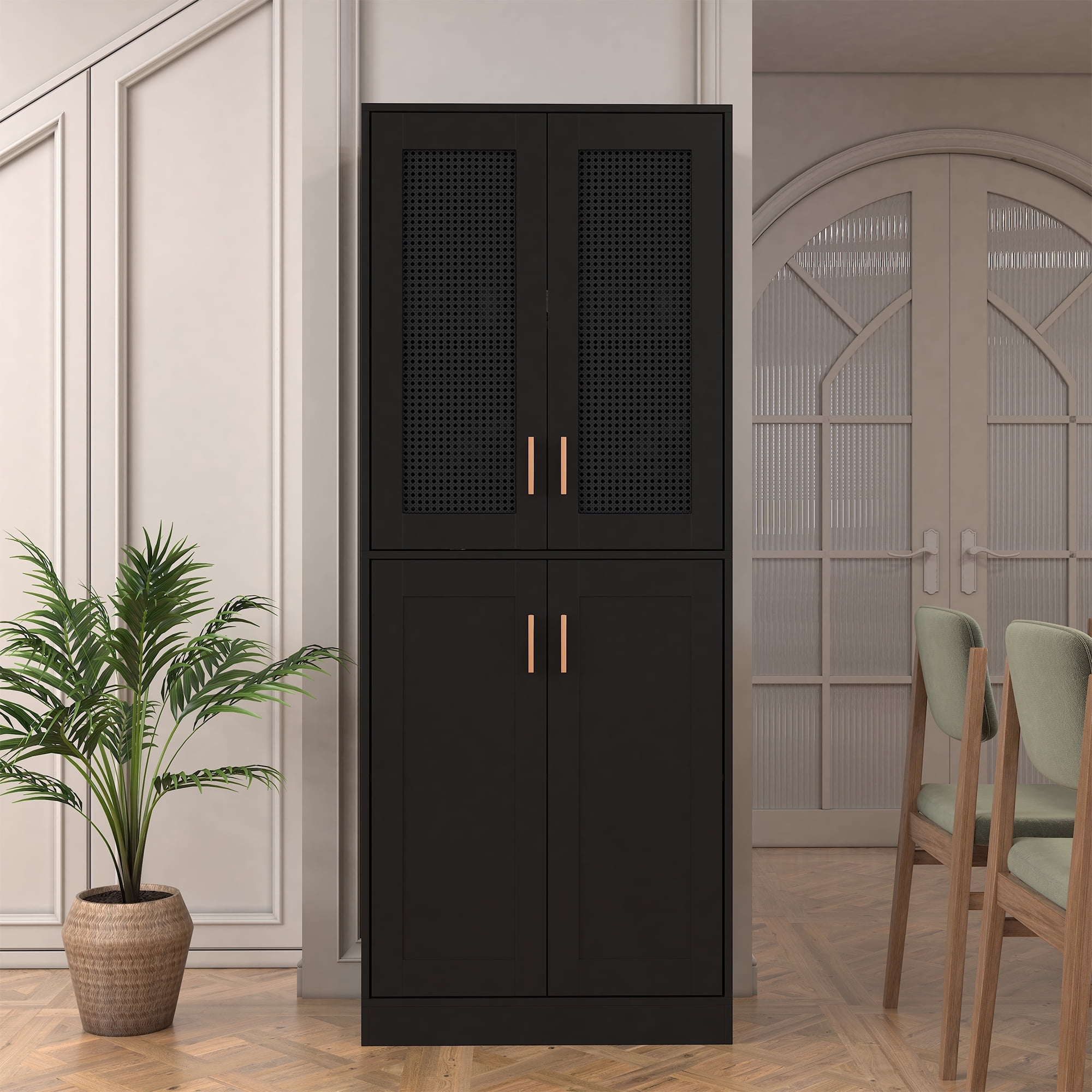 BOMETAO 71'' Tall Pantry Cabinet, Wood Storage Cabinet with 4 Ratton Doors and Adjustable Shelf ...