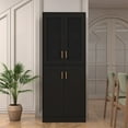 thumbnail image 1 of BOMETAO 71'' Tall Pantry Cabinet, Wood Storage Cabinet with 4 Ratton Doors and Adjustable Shelf, Boho Kitchen Panty with Metal Handle for Kitchen,Dining Room, Black, 1 of 8