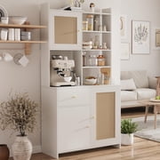 71" Tall Kitchen Pantry Storage Cabinet, Farmhouse Buffet Cabinet with Microwave Stand, Drawer, 3 Adjustable Shelves & 3 Rattan Doors, for Kitchen, Dining Room