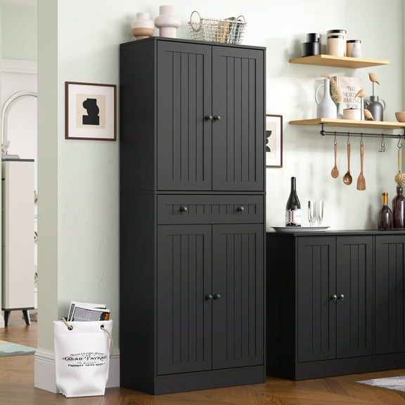 71" Tall Kitchen Pantry Storage Cabinet, Farmhouse Pantry Cabinet with 4 Doors & Drawer, Freestanding Cupboard with Adjustable Shelves, Rustic Wood Cupboard for Kitchen, Dining Room, Black