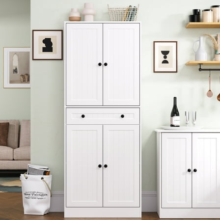 71" Tall Kitchen Pantry Storage Cabinet, Farmhouse Pantry Cabinet with 4 Doors & Drawer, Freestanding Cupboard with Adjustable Shelves, Rustic Wood Cupboard for Kitchen, Dining Room, White