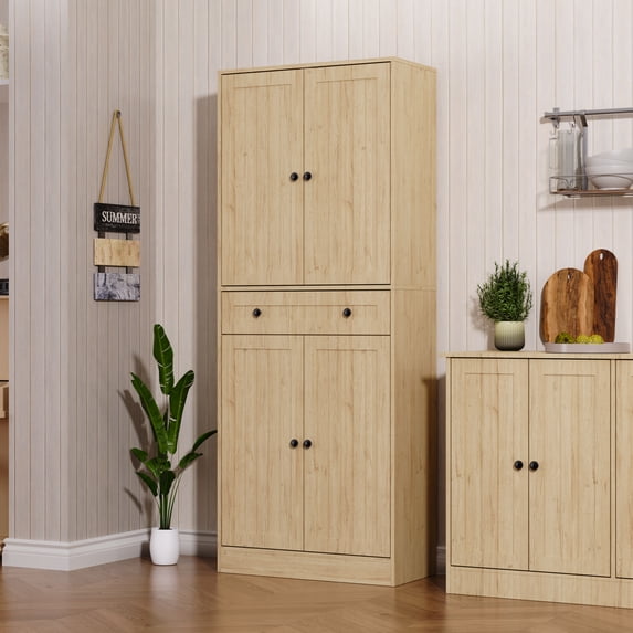 71" Tall Kitchen Pantry Storage Cabinet, Farmhouse Pantry Cabinet with 4 Doors & Drawer, Freestanding Cupboard with Adjustable Shelves, Rustic Wood Cupboard for Kitchen, Dining Room, Oak