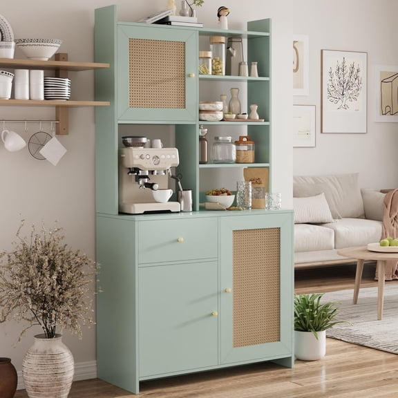 71" Tall Kitchen Pantry Storage Cabinet, Kitchen Hutch Bar Cabinet with Microwave Stand, Farmhouse Buffet Cabinet w/Drawer, 3 Adjustable Shelf & 3 Rattan Doors for Kitchen, Dining Room (Green)