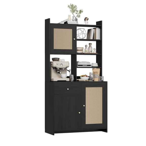 71" Tall Kitchen Pantry Storage Cabinet, Kitchen Hutch Bar Cabinet with Microwave Stand, Farmhouse Buffet Cabinet w/Drawer, 3 Adjustable Shelf & 3 Rattan Doors for Kitchen, Dining Room