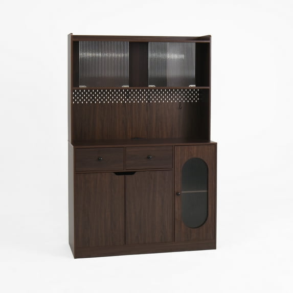 71"Tall Kitchen Pantry Storage Cabinet, Large Capacity Display Cabinet with Reeded Glass Doors and Microwave Stand, Bakers Racks with Storage for Kitchens, Pantry, Living Room