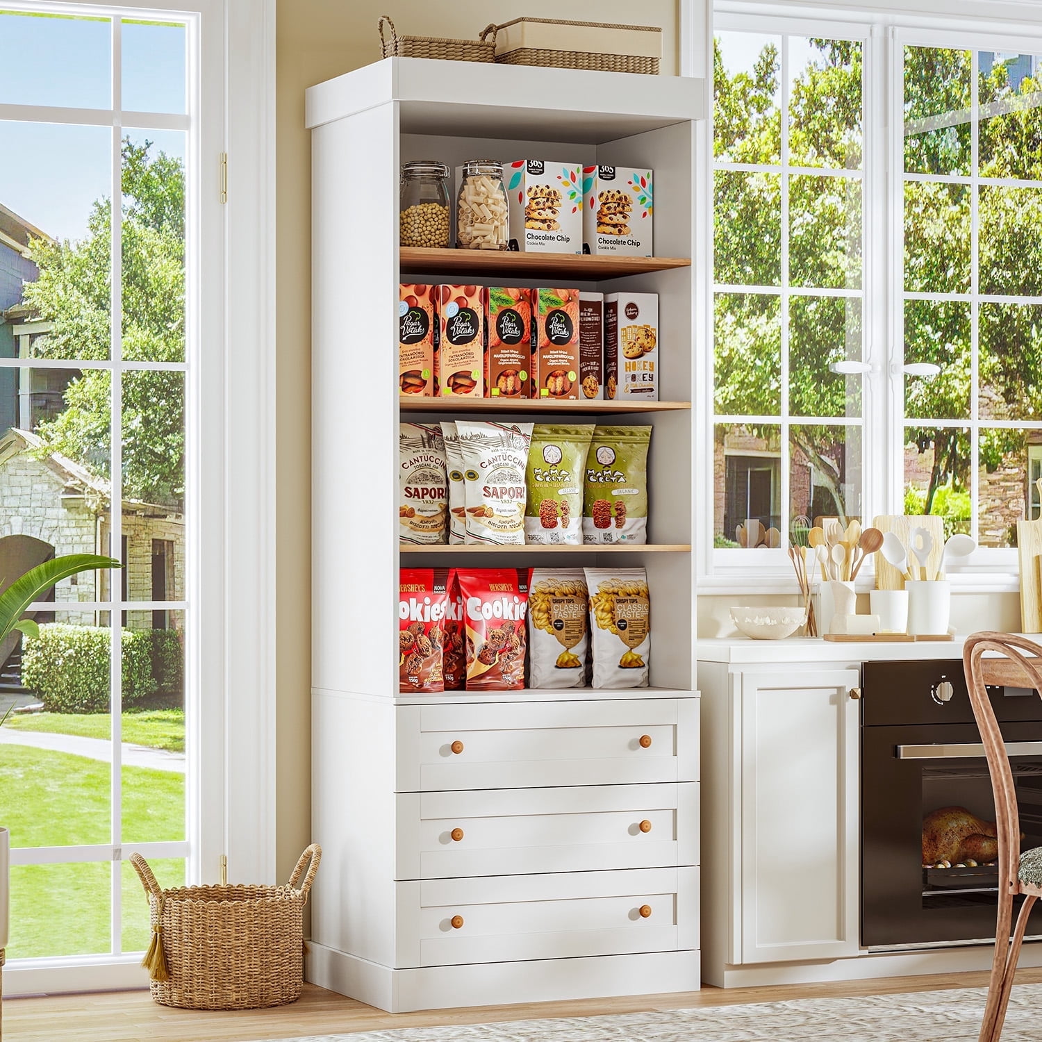 71"Tall Kitchen Pantry Storage Cabinet, Large Wood Bookcase Adjustable Shelves with 3 Drawers,White