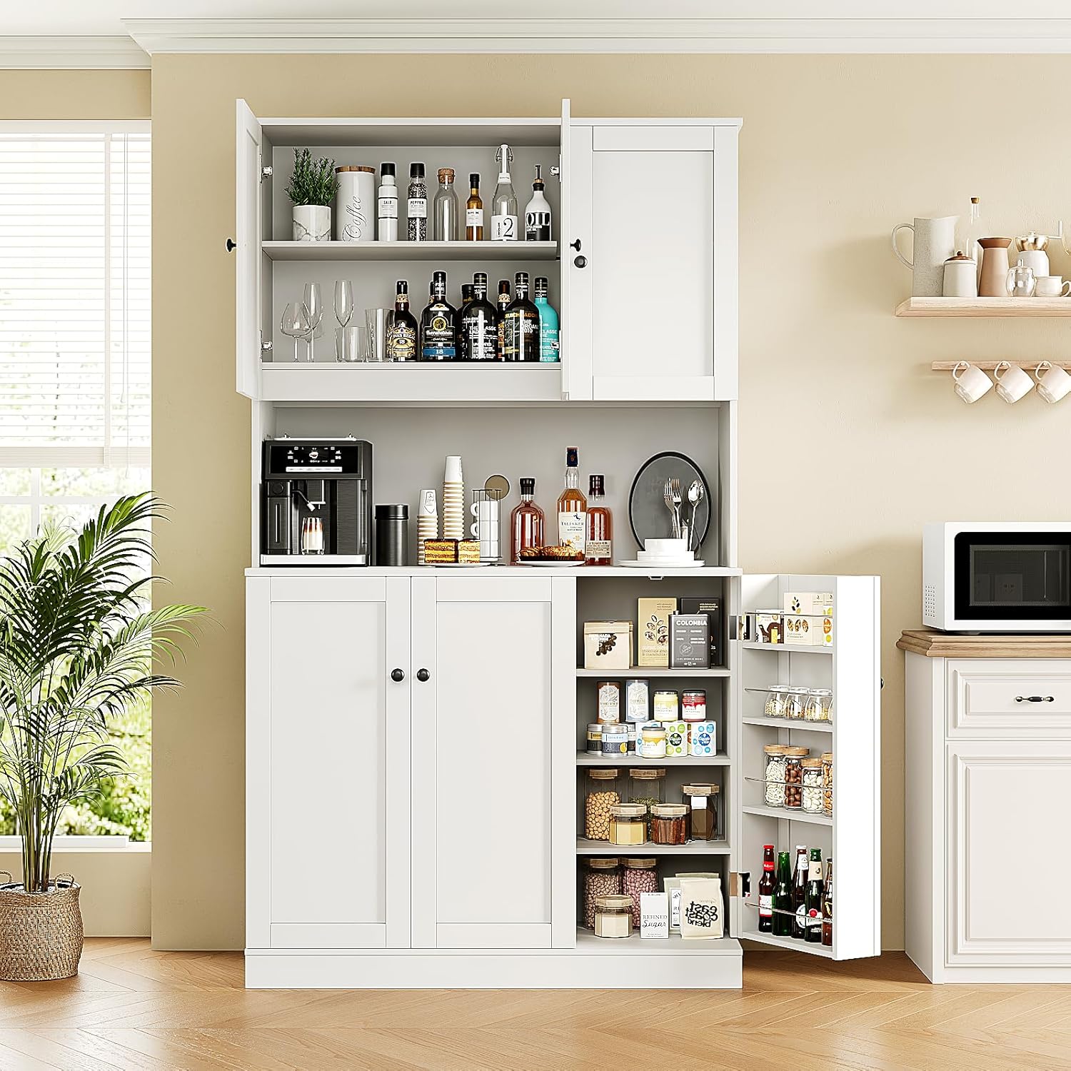 71" Tall Kitchen Pantry Storage with Microwave Stand & Door