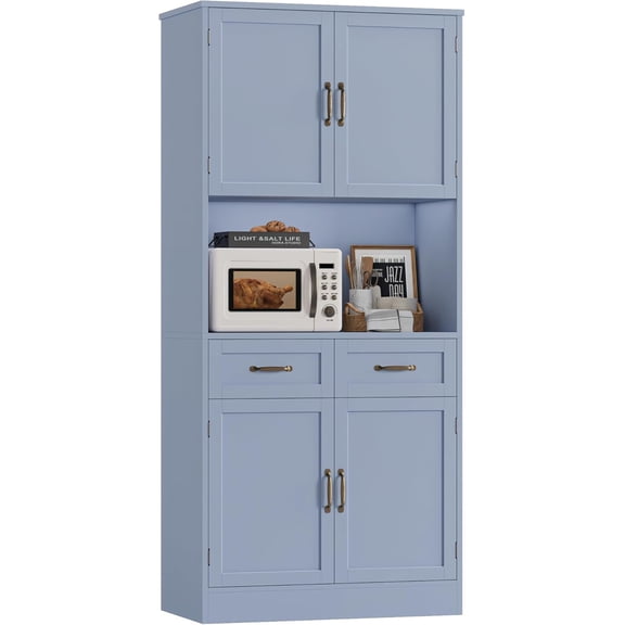 71" Tall Kitchen Pantry Storage Cabinet, Modern Kitchen Hutch Bar Cabinet with Microwave Stand, Wood Buffet Sideboard with Hutch, Cupboard with Drawers, Shelves for Dining Room, Light Blue