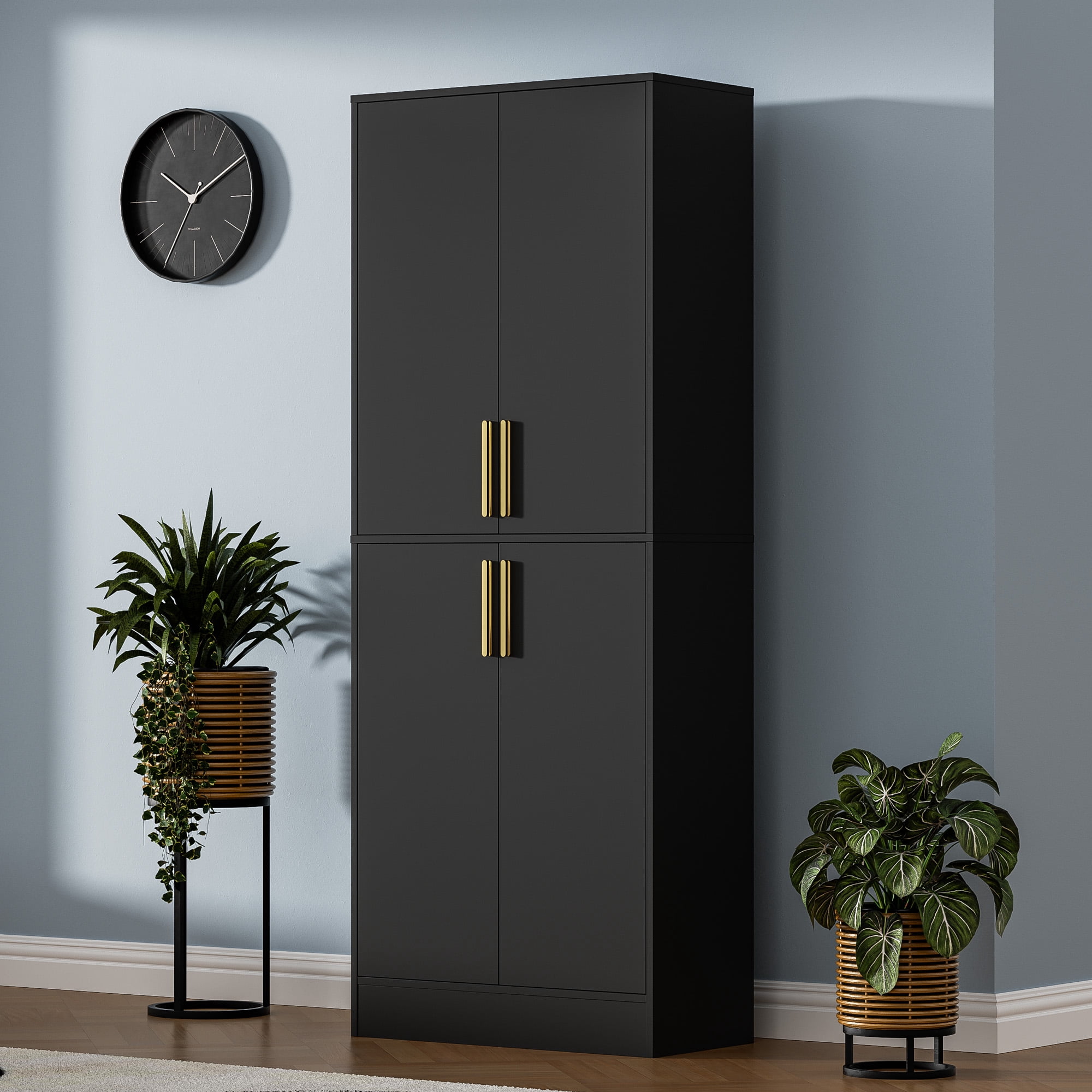 71" Tall Kitchen Pantry Storage Cabinet, Pantry Cabinet with 4 Doors, Freestanding Larder Cupboard, Kitchen Hutch with Gold Handles for Dining Room, Bathroom, Black