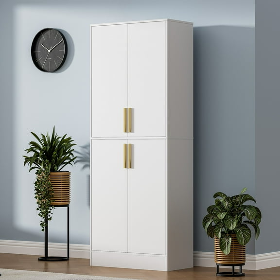 71" Tall Kitchen Pantry Storage Cabinet, Pantry Cabinet with 4 Doors, Freestanding Larder Cupboard, Kitchen Hutch with Gold Handles for Dining Room, Bathroom, White
