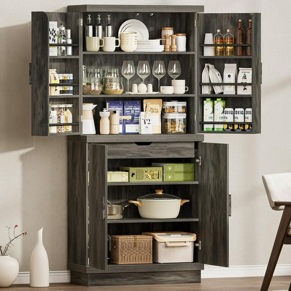 71" Tall Kitchen Pantry Storage Cabinet with 6 Door Shelves, Hidden Drawer&Adjustable Shelf, Freestanding Rustic Wood Pantry for Kitchen, Dining Room