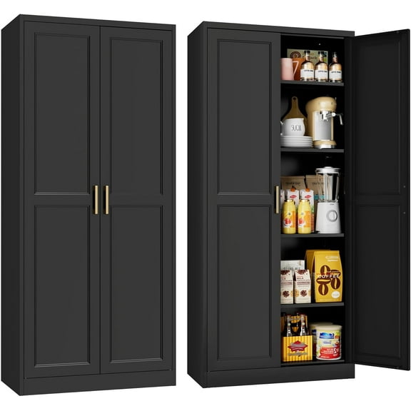 71" Tall Kitchen Storage Cabinet with Gold Handles, Metal Pantry Cabinet with 2 Doors, Adjustable Shelves, Black Freestanding Pantry Cupboard for Dining Room, Kitchen - Assembly Required