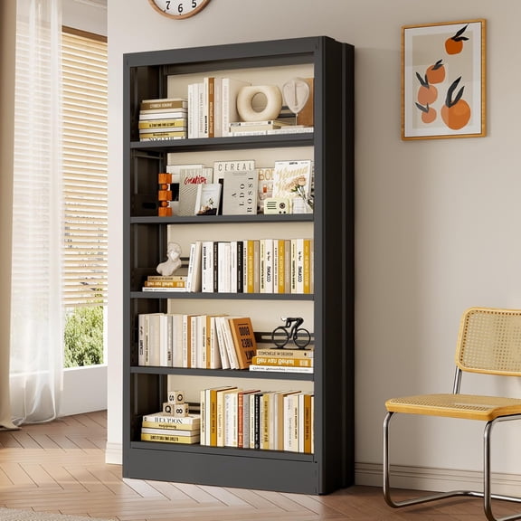 71 Tall Metal Bookshelf, Black Bookcase Industrial, 5-Tier Bookshelf Storage with Adjustable Shelf, Modern Book Shelves Heavy Duty with Bookend for Home, Office, Library, Includes Book Stoppers
