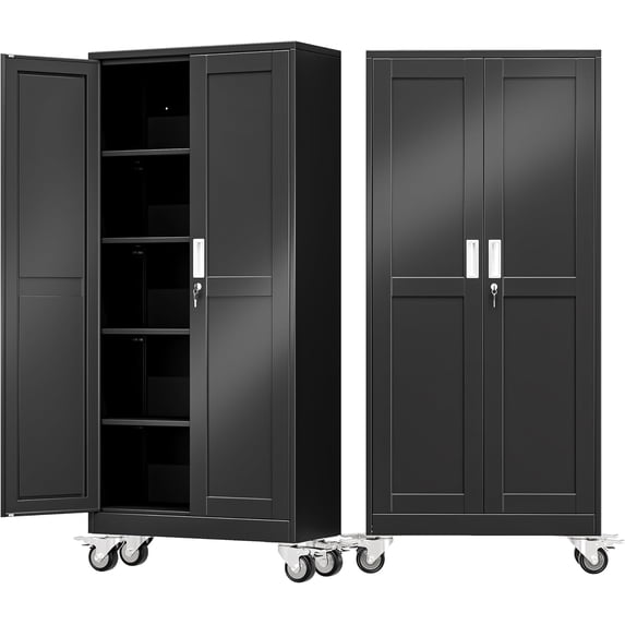 71" Tall Metal Garage Storage Cabinet with Wheels and Locking Doors and Tall Rolling Steel Tool Cabinet with 4 Adjustable Shelves for Garage,Home,Office,Shop (Black)