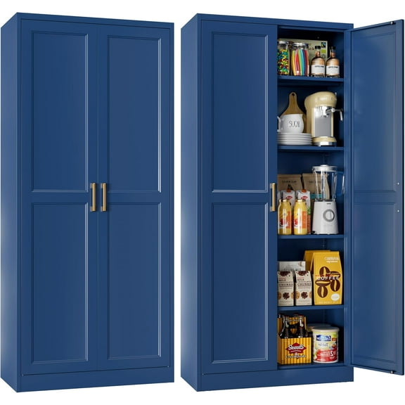 71" Tall Metal Storage Cabinet, Kitchen Pantry Storage Cabinets with Doors and 4 Adjustable Shelves, Pantry Cabinet, Large Cupboard, Utility Steel Cabinets for Dining Room, Kitchen, Living Room, Blue