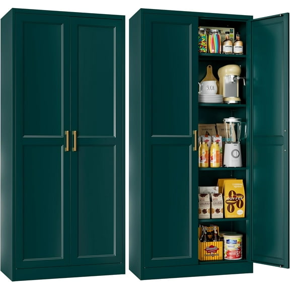 71" Tall Metal Storage Cabinet, Kitchen Pantry Storage Cabinets with Doors and 4 Shelves, Food Pantry Cabinet, Large Cupboard, Utility Steel Cabinets for Dining Room, Kitchen, Living Room, Green