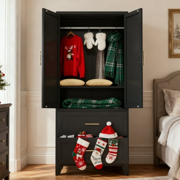 71" Tall Metal Wardrobe Cabinet - 2 Doors, 2 Drawers, Hanging Rod & Shelf Multi-Room Storage Closet,Black ​