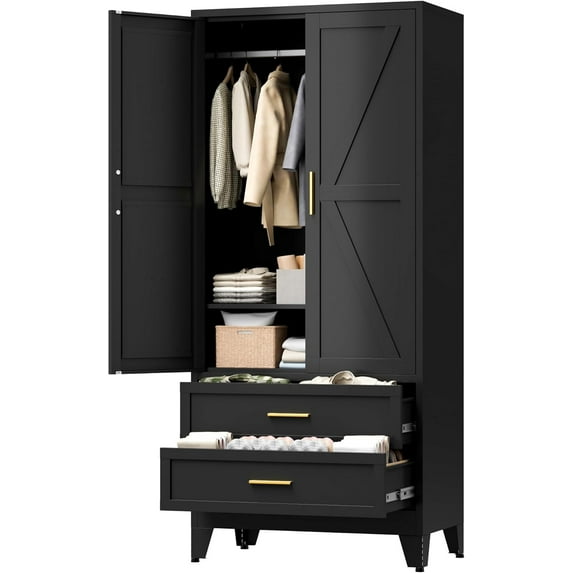 71" Tall Metal Wardrobe Cabinet with 2 Drawers and Hanging Rod, 2 Doors Armoire Wardrobe Closet with Shelf for Bedroom, Office, Laundry Room, Black