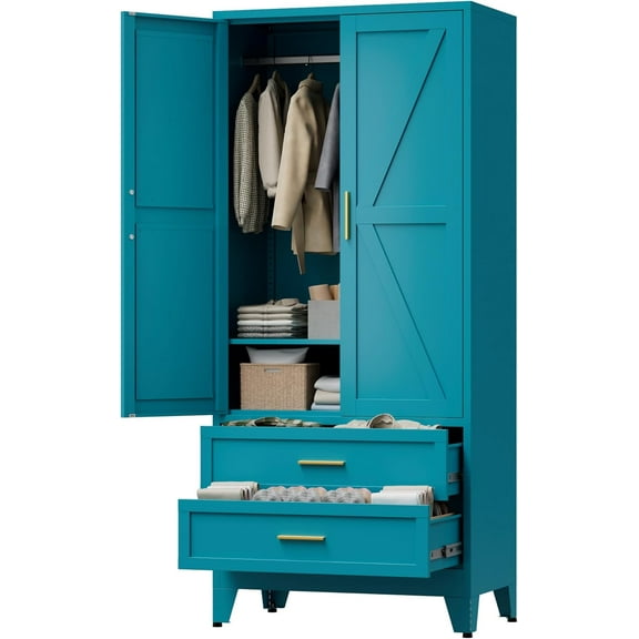 71" Tall Metal Wardrobe Cabinet with 2 Drawers and Hanging Rod, 2 Doors Armoire Wardrobe Closet with Shelf for Bedroom, Office, Laundry Room, Blue