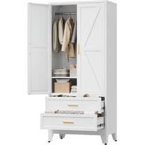 71" Tall Metal Wardrobe Cabinet with 2 Drawers and Hanging Rod, 2 Doors Armoire Wardrobe Closet with Shelf for Bedroom, Office, Laundry Room, White