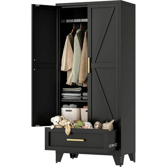 71" Tall Metal Wardrobe Cabinet with Drawer and Hanging Rod, 2 Doors Armoire Wardrobe Closet with Shelf for Bedroom, Office, Laundry Room, Black
