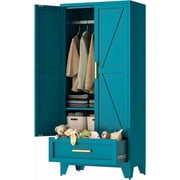 71" Tall Metal Wardrobe Cabinet with Drawer and Hanging Rod, 2 Doors Armoire Wardrobe Closet with Shelf for Bedroom, Office, Laundry Room, Blue