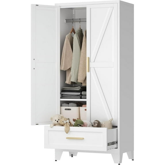 71" Tall Metal Wardrobe Cabinet with Drawer and Hanging Rod, 2 Doors Armoire Wardrobe Closet with Shelf for Bedroom, Office, Laundry Room, White