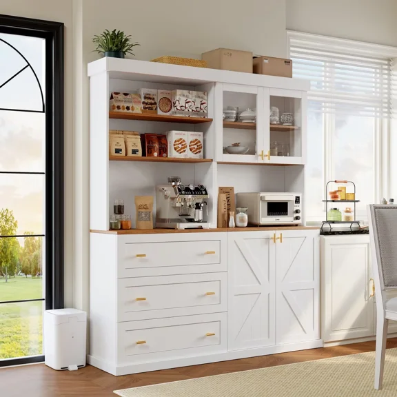 GUANXIALIN 71" Tall Modern Kitchen Pantry Cabinet Set of 2 with Glass Doors and Drawers, Multi-Function Storage Cabinet with Adjustable Shelves and Microwave Stand, White