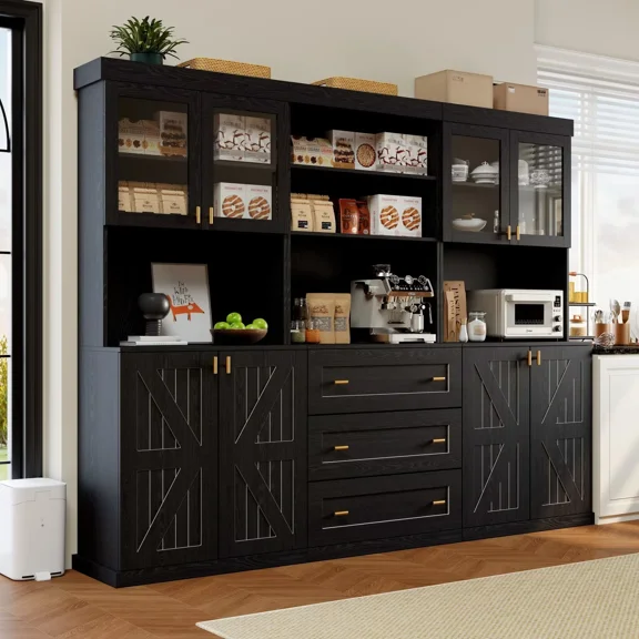GUANXIALIN 71" Tall Modern Kitchen Pantry Cabinet Set of 3 with Glass Doors and Drawers, Multi-Function Storage Cabinet with Adjustable Shelves and Microwave Stand, Black
