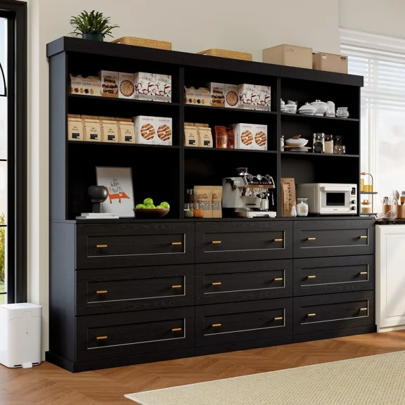 GUANXIALIN 71" Tall Modern Kitchen Pantry Cabinet Set of 3 with Drawers, Multi-Function Storage Cabinet with Adjustable Shelves and Microwave Stand, Black