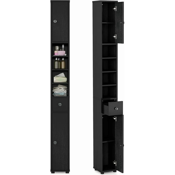 71" Tall Narrow Bathroom Storage Cabinet, Modern Skinny Toilet Paper Storage Organizer w/1 Drawer, 2 Doors & 5 Adjustable Shelves, Slim Tower Floor Cabinets for Small Spaces