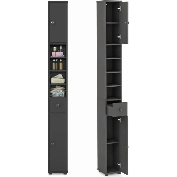 71" Tall Narrow Bathroom Storage Cabinet, Modern Skinny Toilet Paper Storage Organizer w/1 Drawer, 2 Doors & 5 Adjustable Shelves, Slim Tower Floor Cabinets for Small Spaces